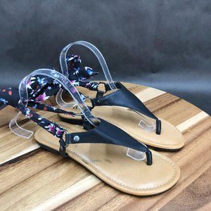 a.n.a Black Strappy Floral Flat Sandals Womens Size 6